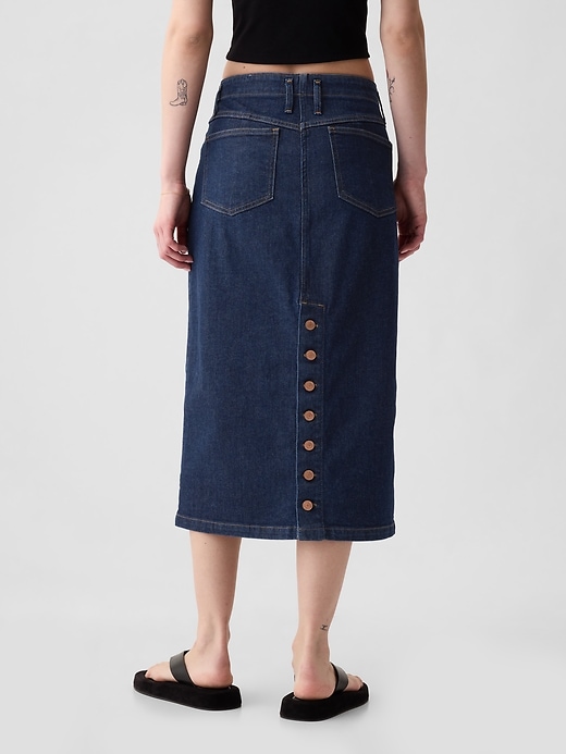 2 of 8 showing, with the color dark wash of product GapHeritage Button-Back Denim Midi Pencil Skirt