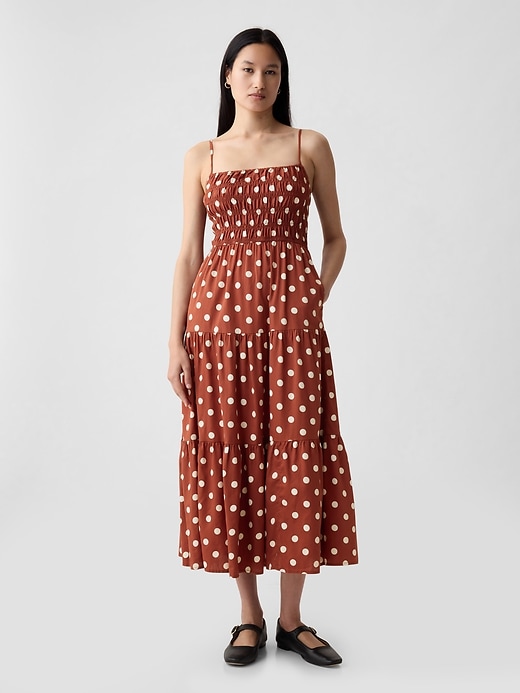 1 of 8 showing, with the color brown polka dot of product Smocked Tiered Midi Dress