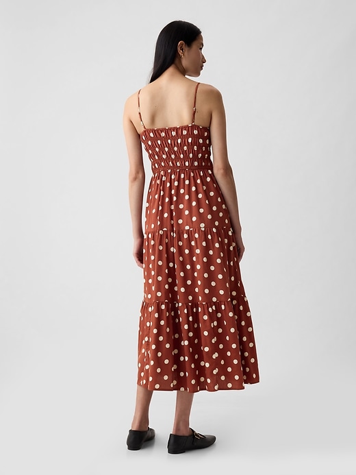 2 of 8 showing, with the color brown polka dot of product Smocked Tiered Midi Dress
