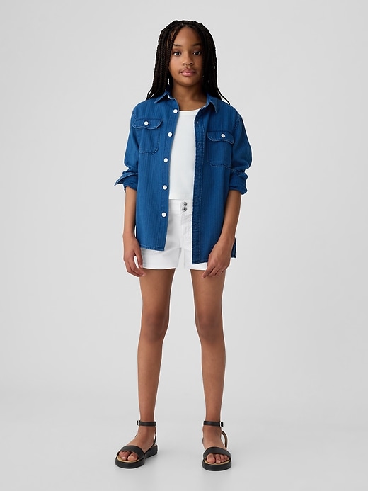 1 of 8 showing, with the color white wash of product Kids Low Rise Y2K Denim Shortie Shorts