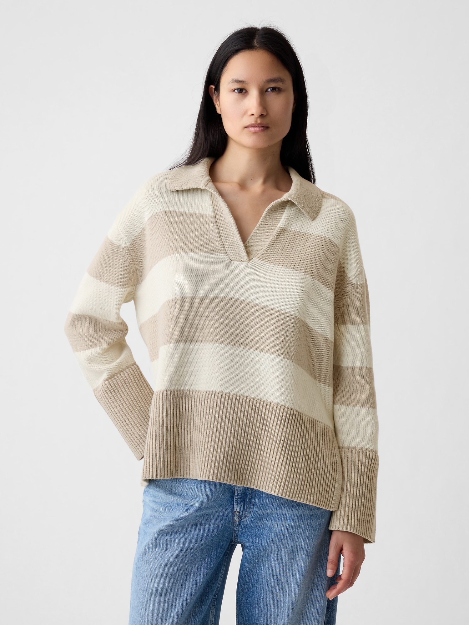 Shop Gap 24/7 Split-hem Polo Shirt Sweater In Beige Stripe