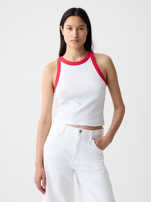 1 of 8 showing, with the color white with red trim of product Modern Rib Cropped Halter Top