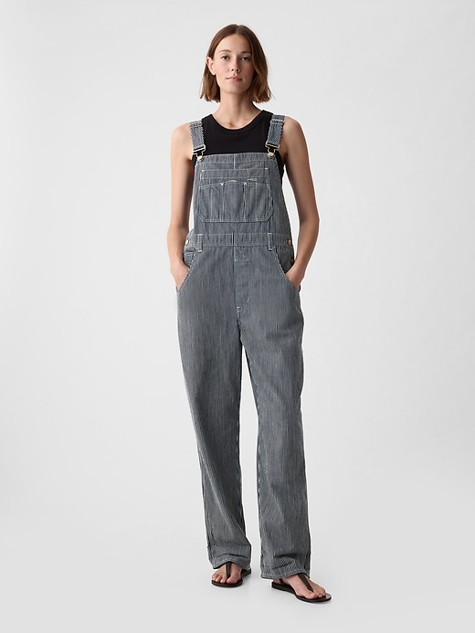1 of 8 showing, with the color navy pinstripe of product Striped Loose Overalls