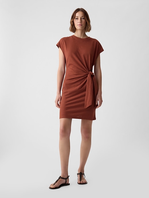 1 of 8 showing, with the color smoked paprika brown of product Tie-Knot Mini T-Shirt Dress