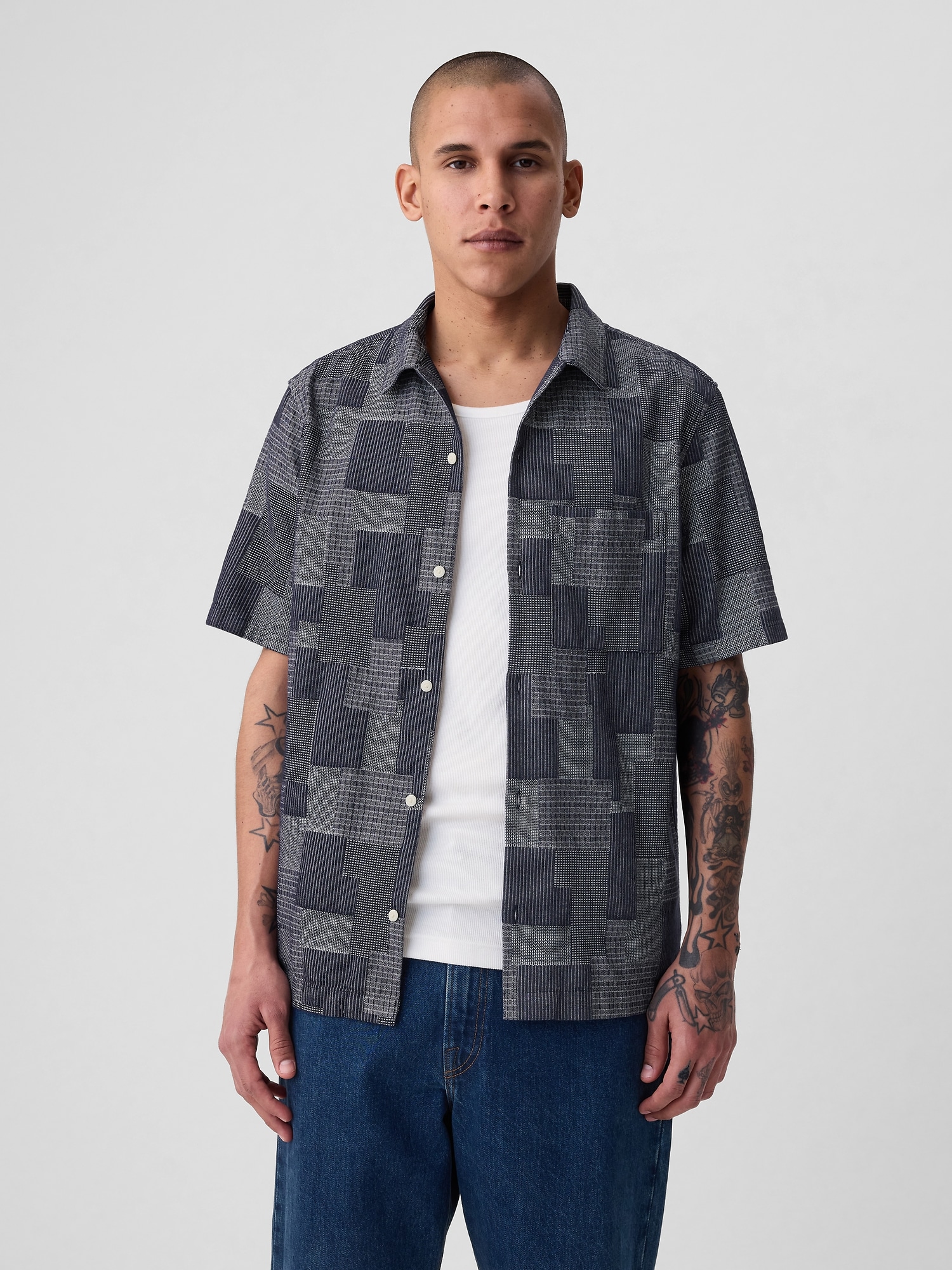 Shop Gap Patchwork Resort Shirt In Indigo Patchwork