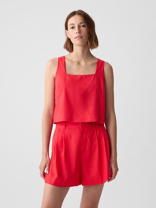 1 of 8 showing, with the color slipper red of product Linen-Blend Button-Back Cropped Tank Top