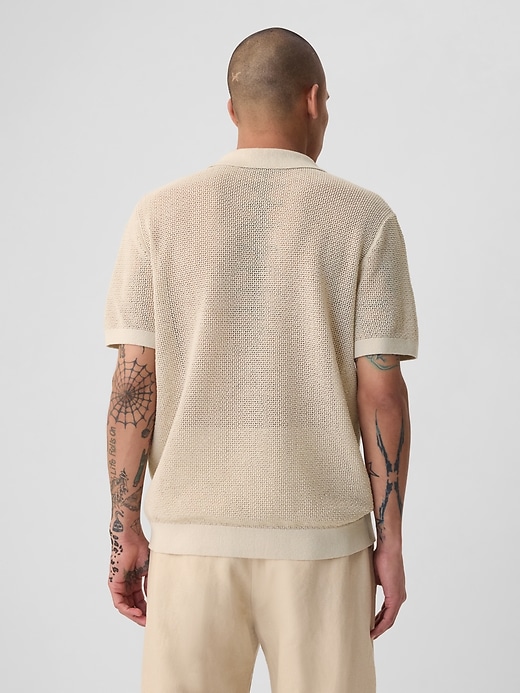 2 of 8 showing, with the color bedrock beige of product Linen-Blend Textured Polo Shirt