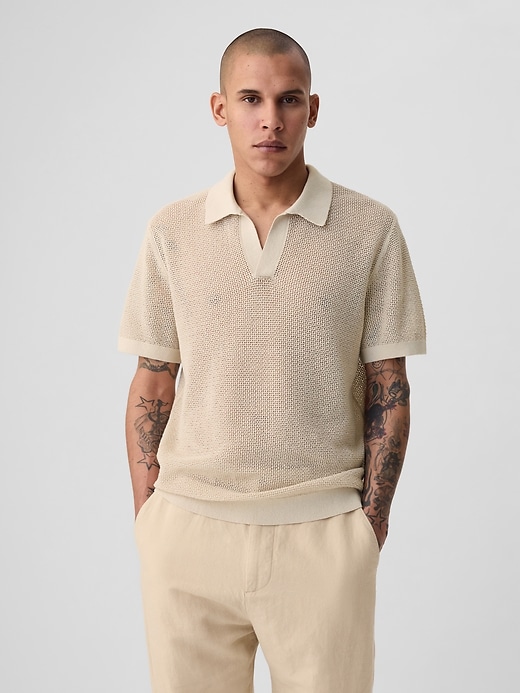 1 of 8 showing, with the color bedrock beige of product Linen-Blend Textured Polo Shirt