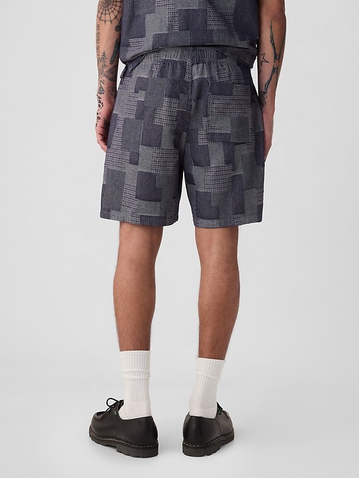 2 of 8 showing, with the color dark indigo of product 7" Patchwork Easy Shorts with E-Waist
