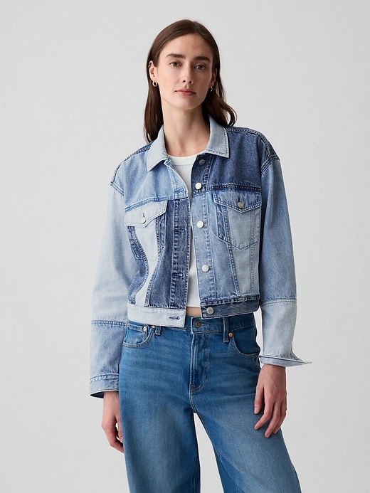 1 of 8 showing, with the color Medium indigo of product Cropped Patchwork Icon Denim Jacket