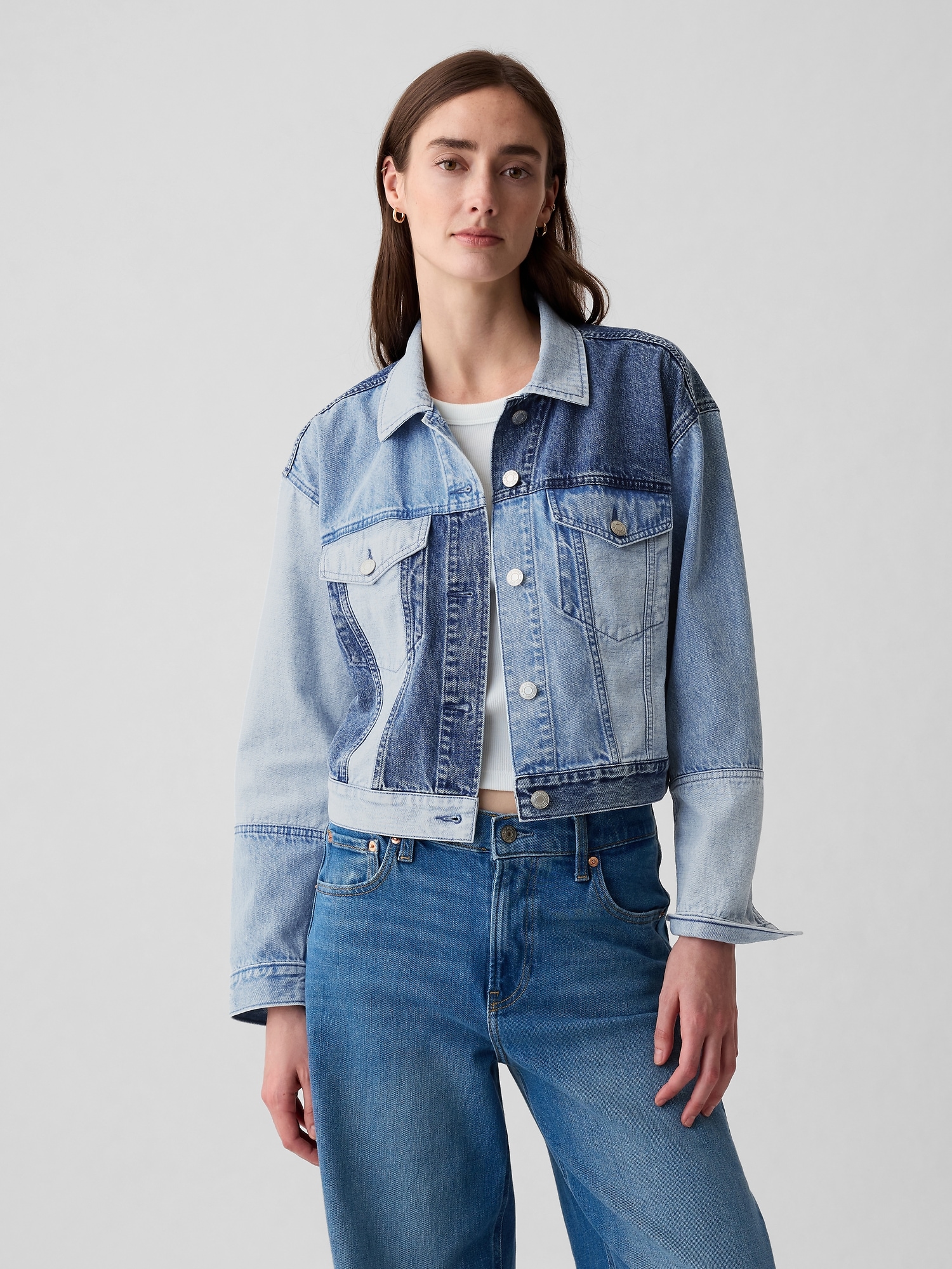 Gap Cropped Patchwork Icon Denim Jacket In Medium Indigo