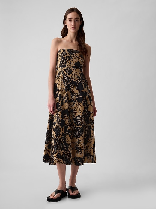 1 of 8 showing, with the color brown & black floral of product Linen-Blend Midi Dress