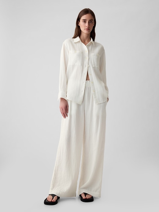 Image number 1 showing, Mid Rise Crinkle Gauze Wide-Leg Pants