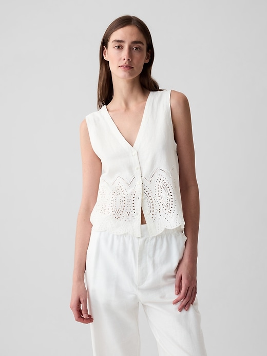 1 of 8 showing, with the color new off white of product Linen-Blend Eyelet Vest
