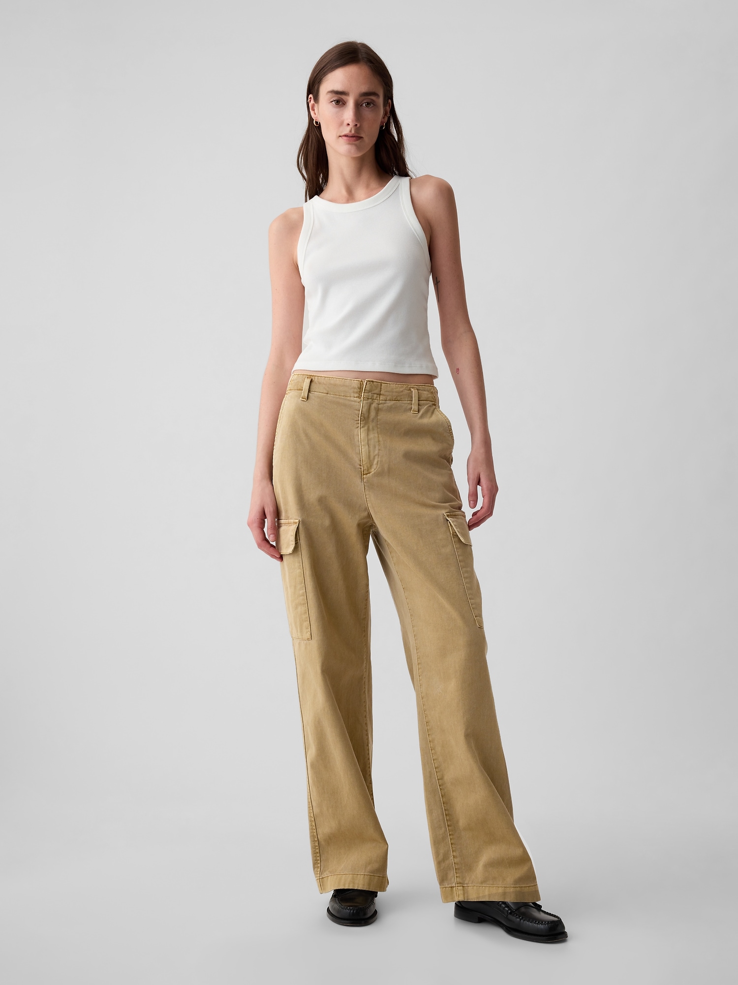 Khaki Wide Leg Cargo Pants, Pants