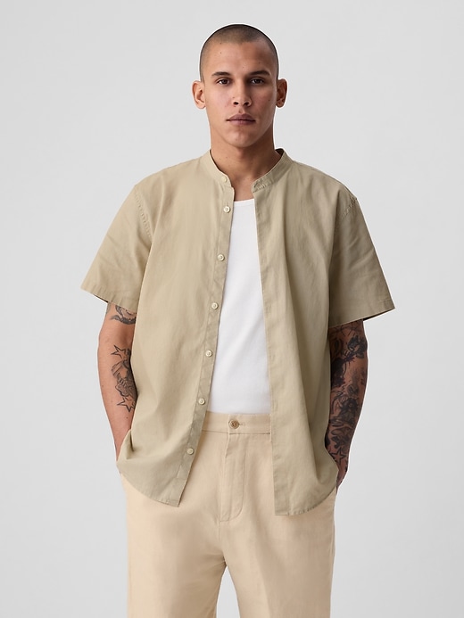 1 of 8 showing, with the color bedrock of product Linen-Cotton Collarless Shirt