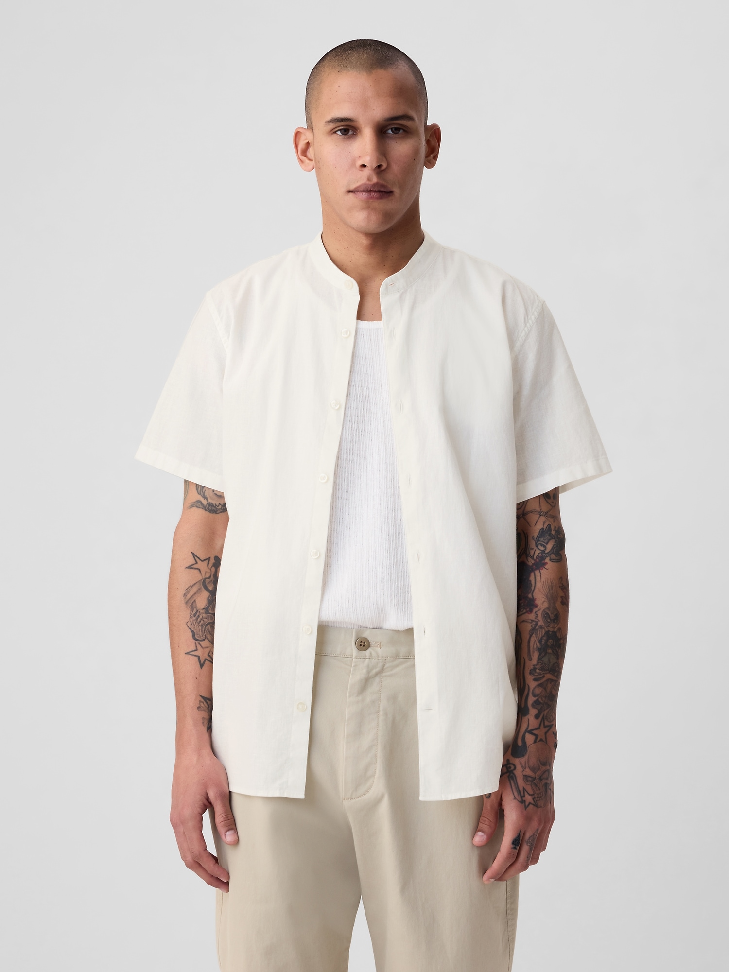 Linen-Cotton Collarless Shirt