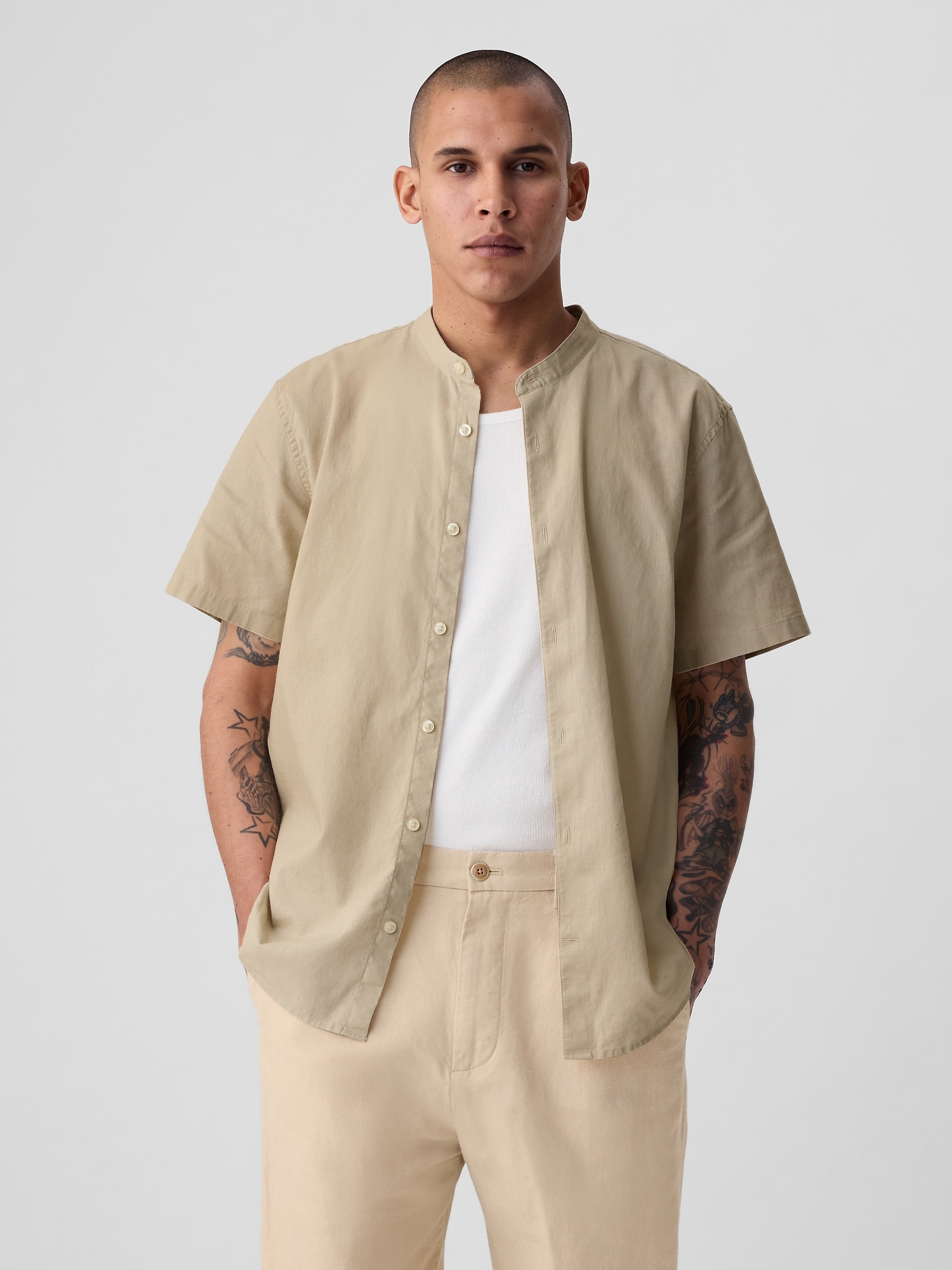 Shop Gap Linen-cotton Collarless Shirt In Bedrock