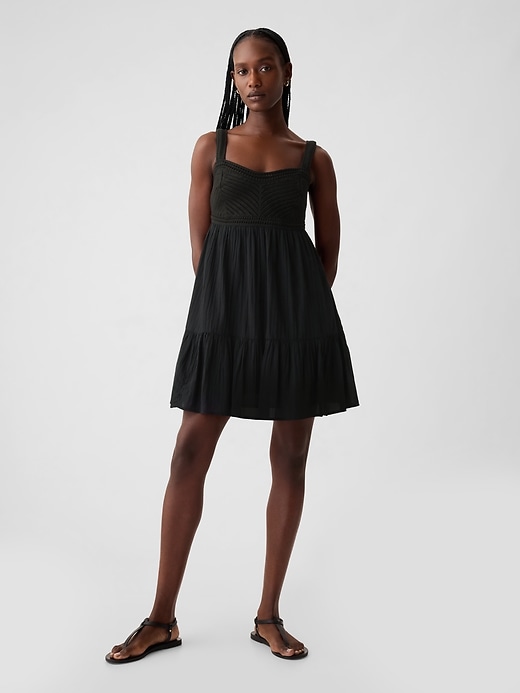 1 of 8 showing, with the color black of product Textured Crinkle Crochet Mini Dress