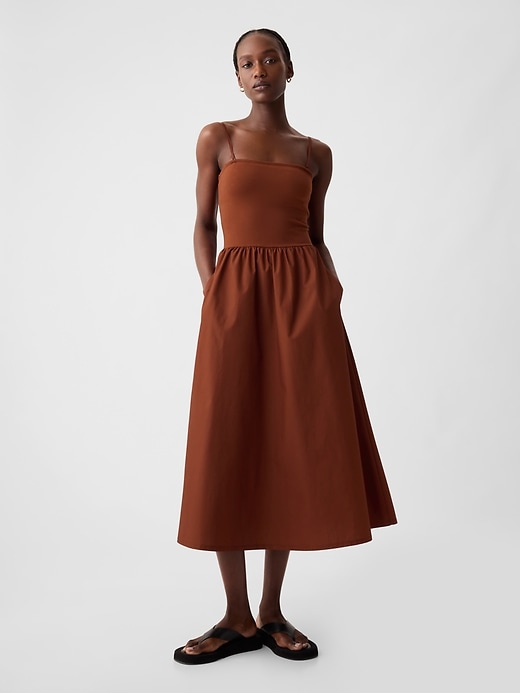 1 of 8 showing, with the color smoked paprika brown of product Mixed Media Midi Dress