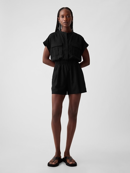 1 of 8 showing, with the color black of product Linen-Blend Utility Romper