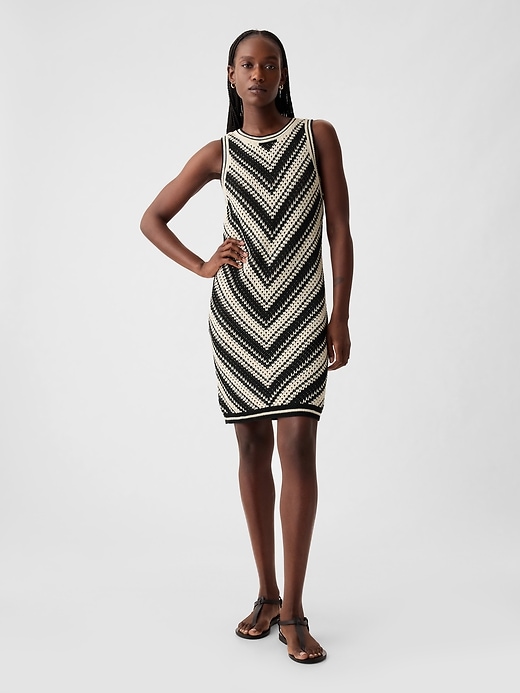 1 of 8 showing, with the color black & off white of product Crochet Mini Sweater Dress