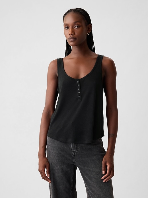 1 of 8 showing, with the color true black of product Linen-Blend Henley Tank Top