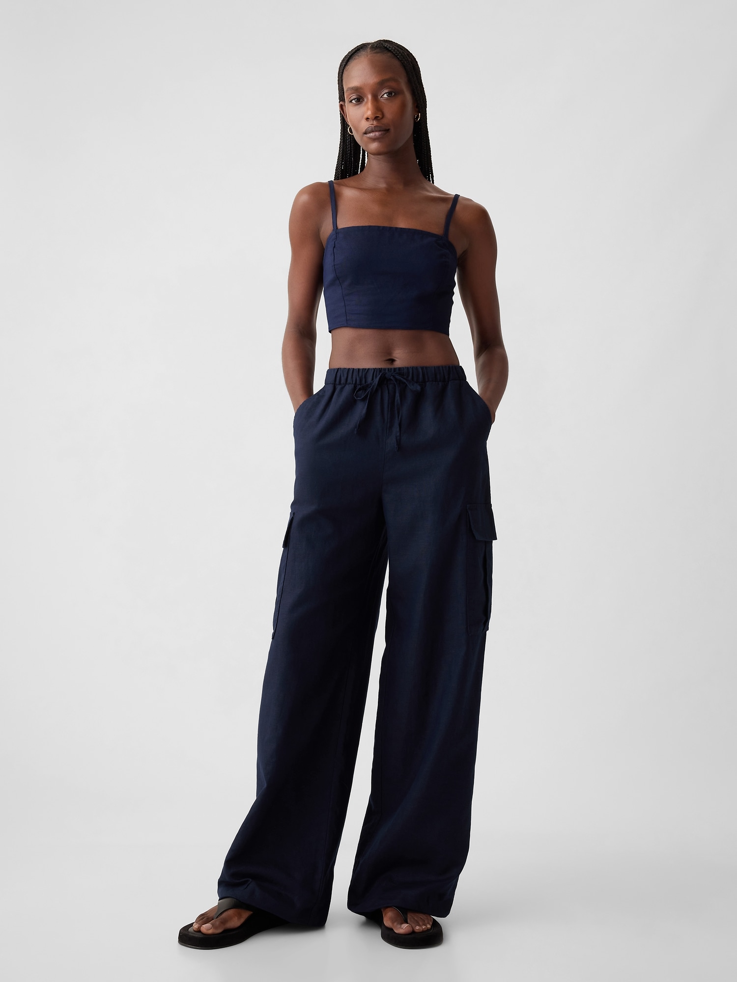 Mid Rise Linen-Cotton Pull-On Cargo Pants