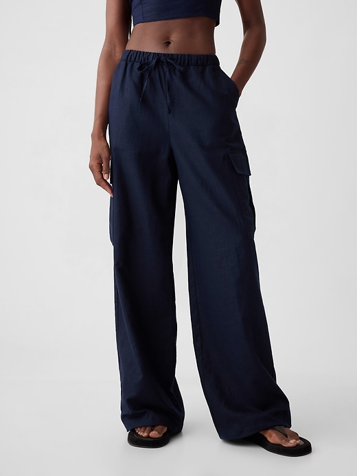 2 of 8 showing, with the color navy blue of product Mid Rise Linen-Cotton Pull-On Cargo Pants
