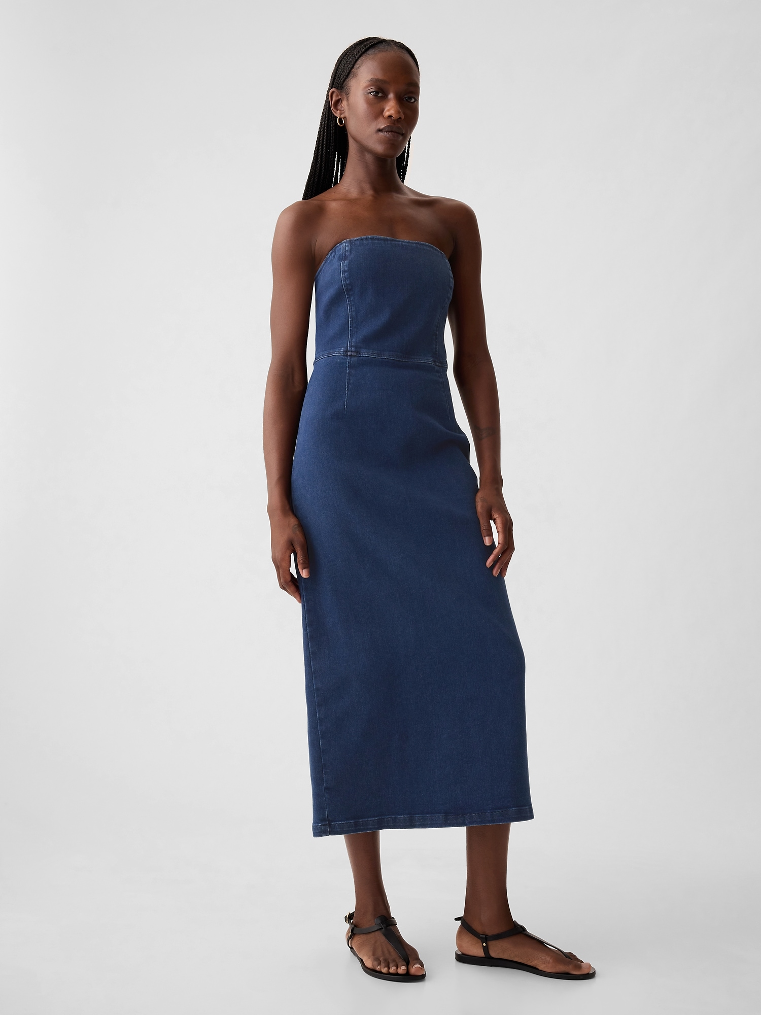XPONNI Denim Maxi Dress For Women – Strapless Tube Bodycon Midi Jean Dress, Y2K Style & Stretchy Fit