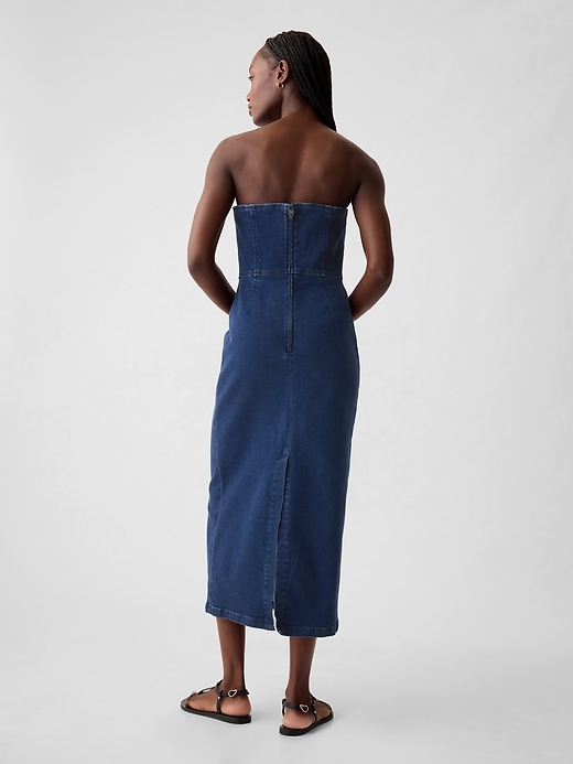 2 of 8 showing, with the color dark wash of product Strapless Denim Midi Dress