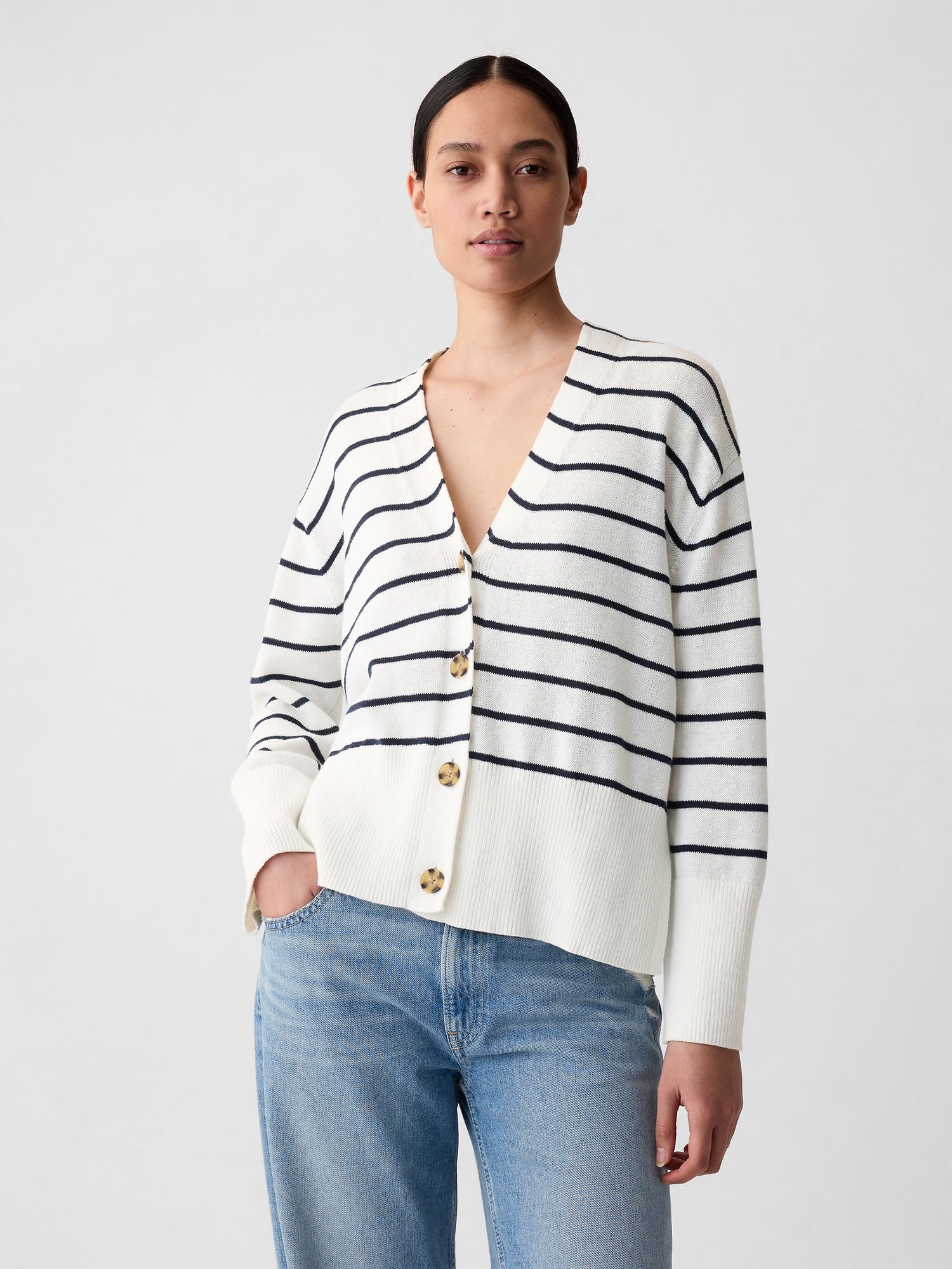 Shop Gap 24/7 Split-hem Linen-blend Oversized Cardigan In White Navy Stripe