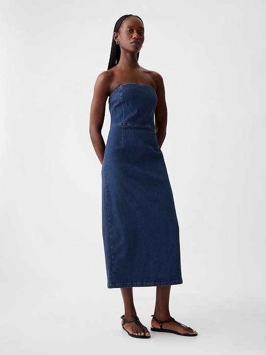 1 of 8 showing, with the color dark wash of product Strapless Denim Midi Dress
