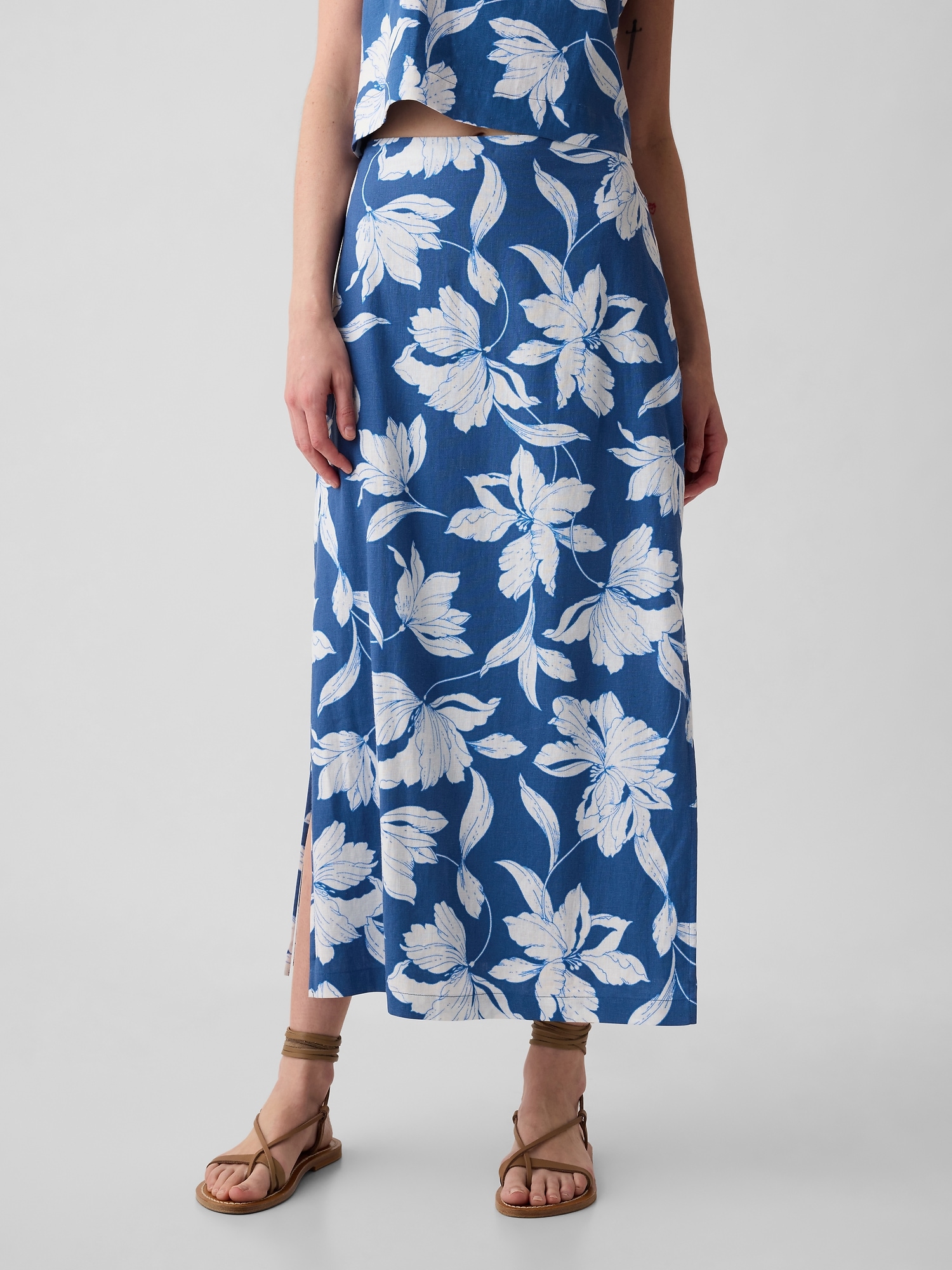 Shop Gap Linen-blend Maxi Skirt In Blue & White Floral