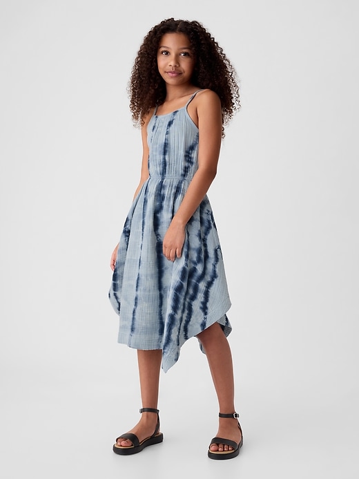 1 of 8 showing, with the color tie dye indigo of product Kids Crinkle Gauze Handkerchief Hem Dress