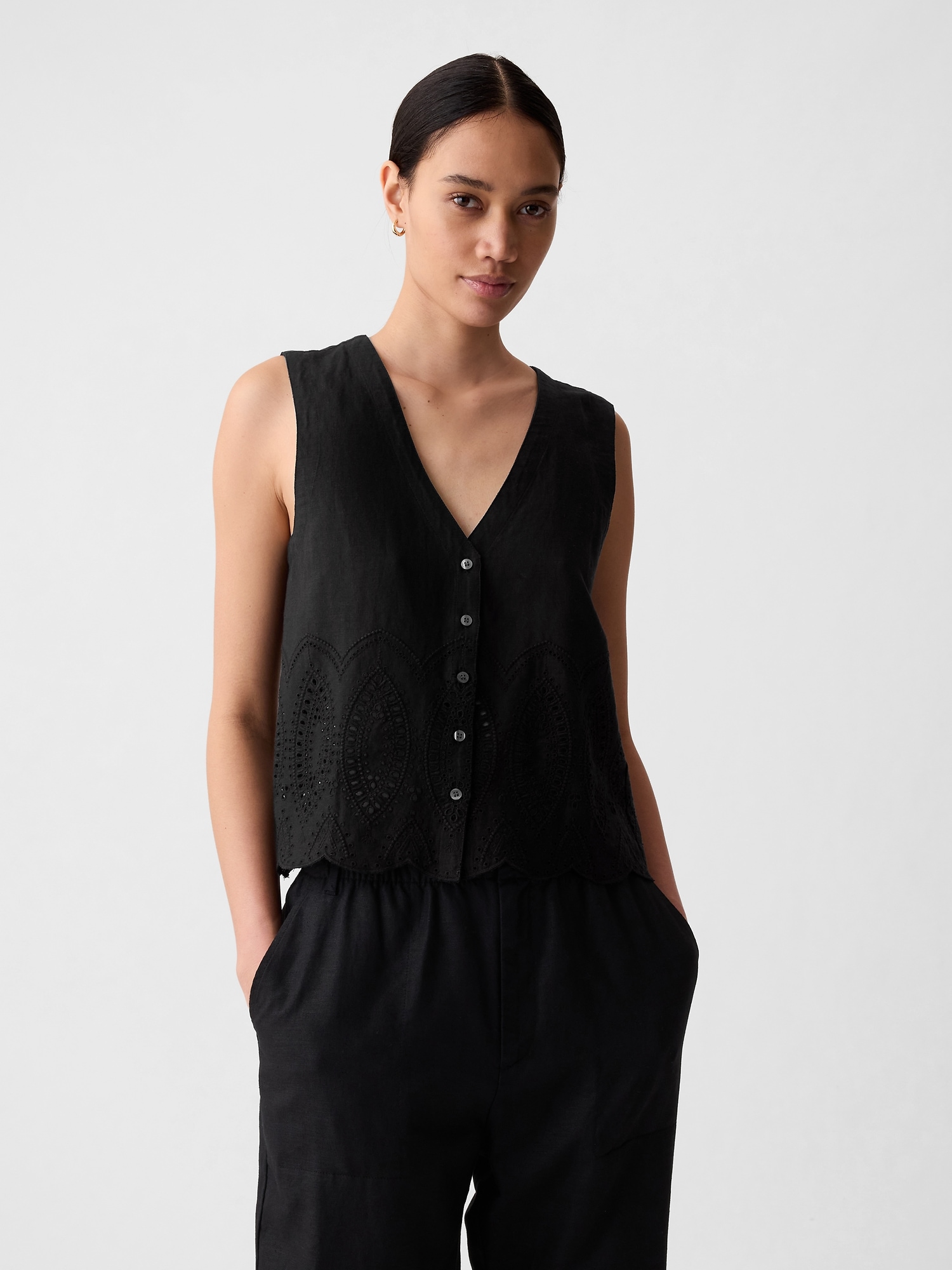 Linen-Blend Eyelet Vest