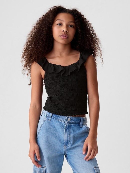 1 of 8 showing, with the color true black of product Kids Ruffle Smocked Tank Top
