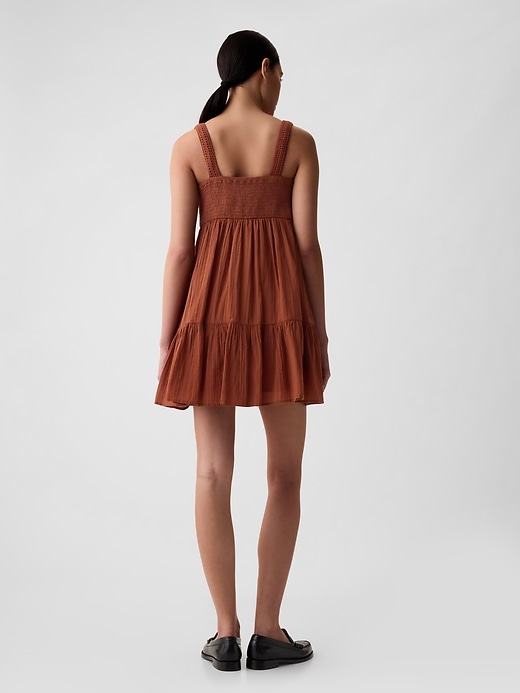 2 of 8 showing, with the color smoked paprika brown of product Textured Crinkle Crochet Mini Dress