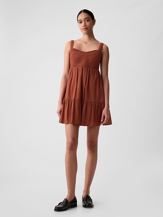 1 of 8 showing, with the color smoked paprika brown of product Textured Crinkle Crochet Mini Dress