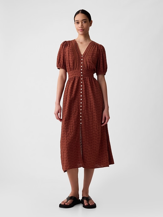 1 of 8 showing, with the color smoked paprika brown of product Eyelet Maxi Dress