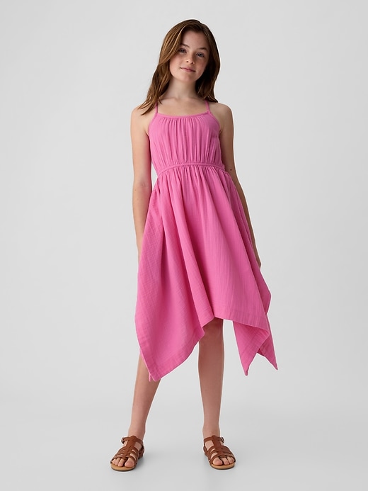 1 of 8 showing, with the color indie pink of product Kids Crinkle Gauze Handkerchief Hem Dress