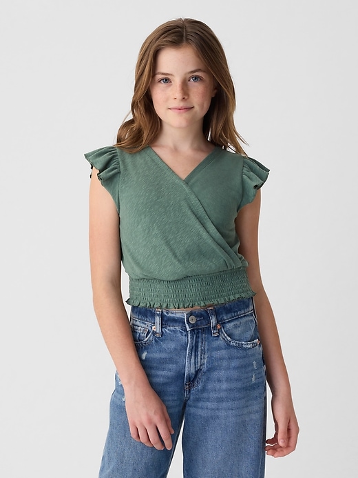 1 of 8 showing, with the color dark forest green of product Kids Wrap Top