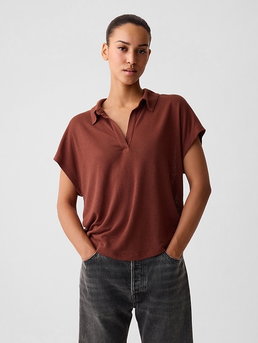 1 of 8 showing, with the color smoked paprika brown of product Linen-Blend Polo Shirt