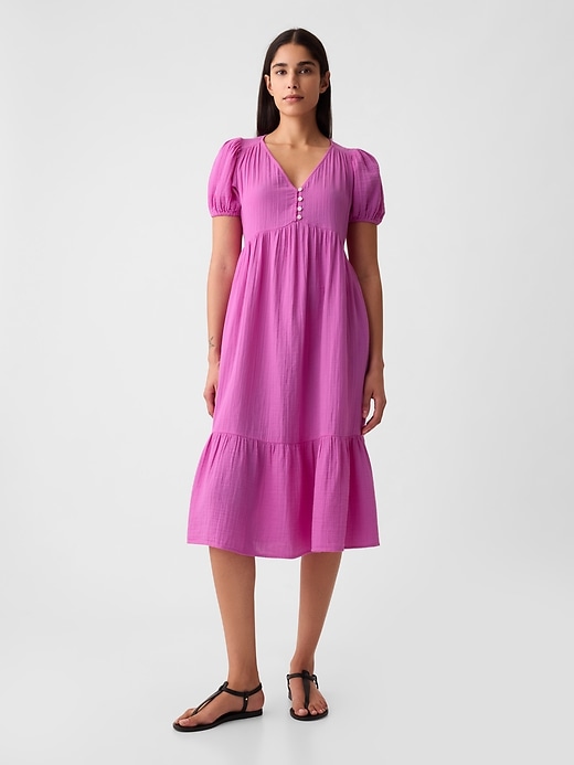 1 of 8 showing, with the color budding pink lilac of product Crinkle Gauze Midi Dress