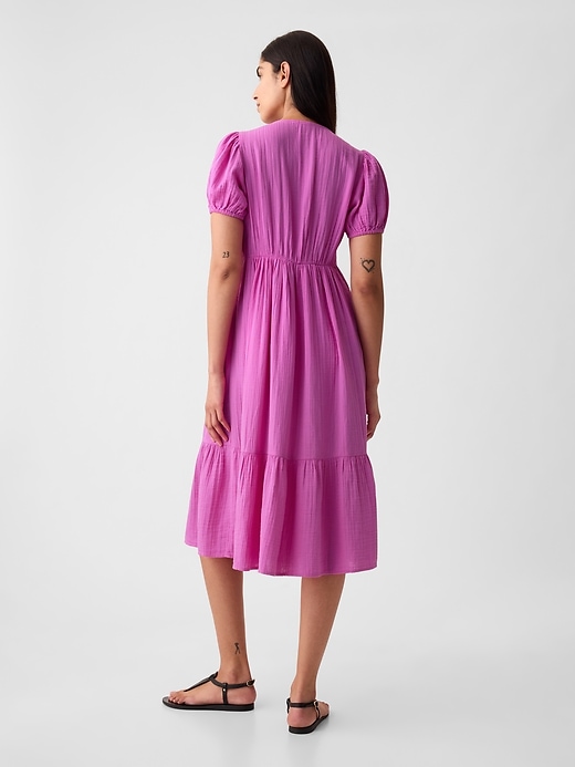 2 of 8 showing, with the color budding pink lilac of product Crinkle Gauze Midi Dress