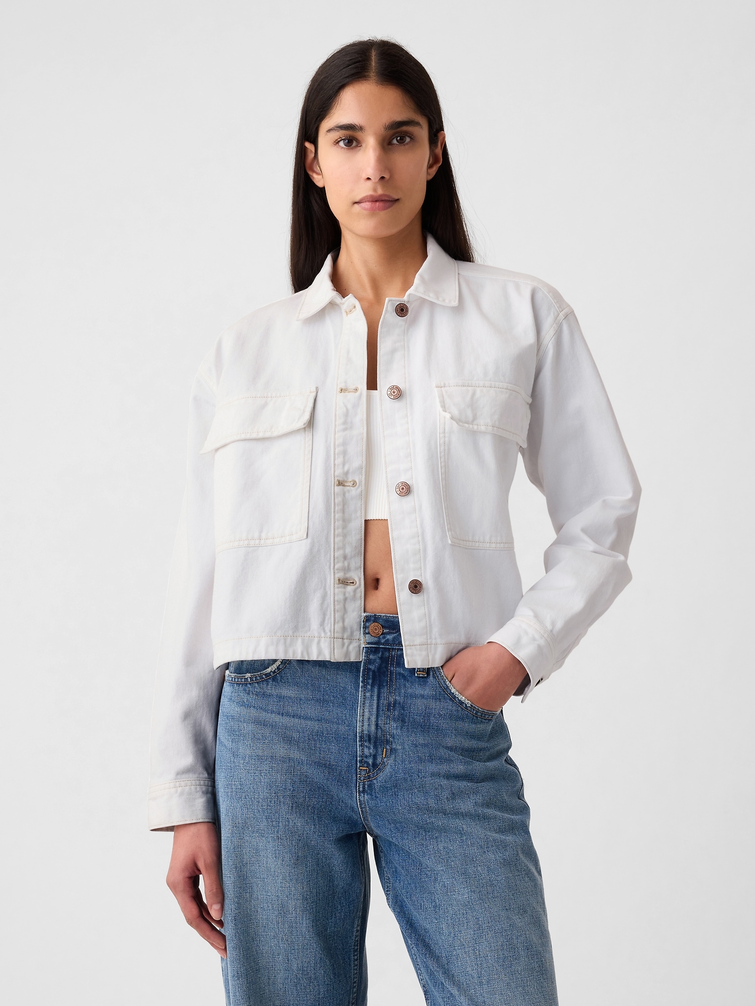 Shop Gap Cropped Denim Shirt Jacket In Off White