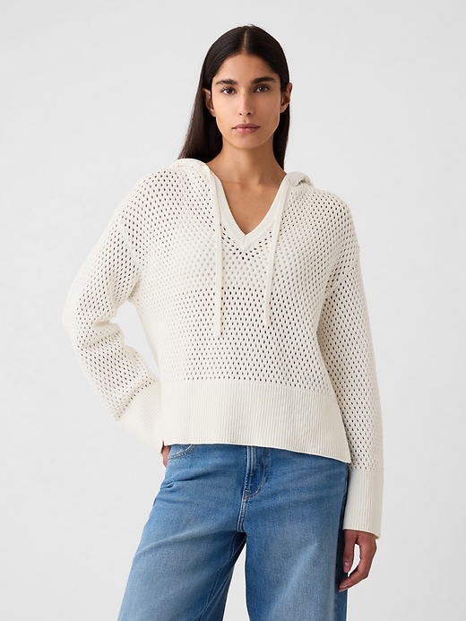 1 of 8 showing, with the color new off white of product 24/7 Split-Hem Crochet Sweater Hoodie