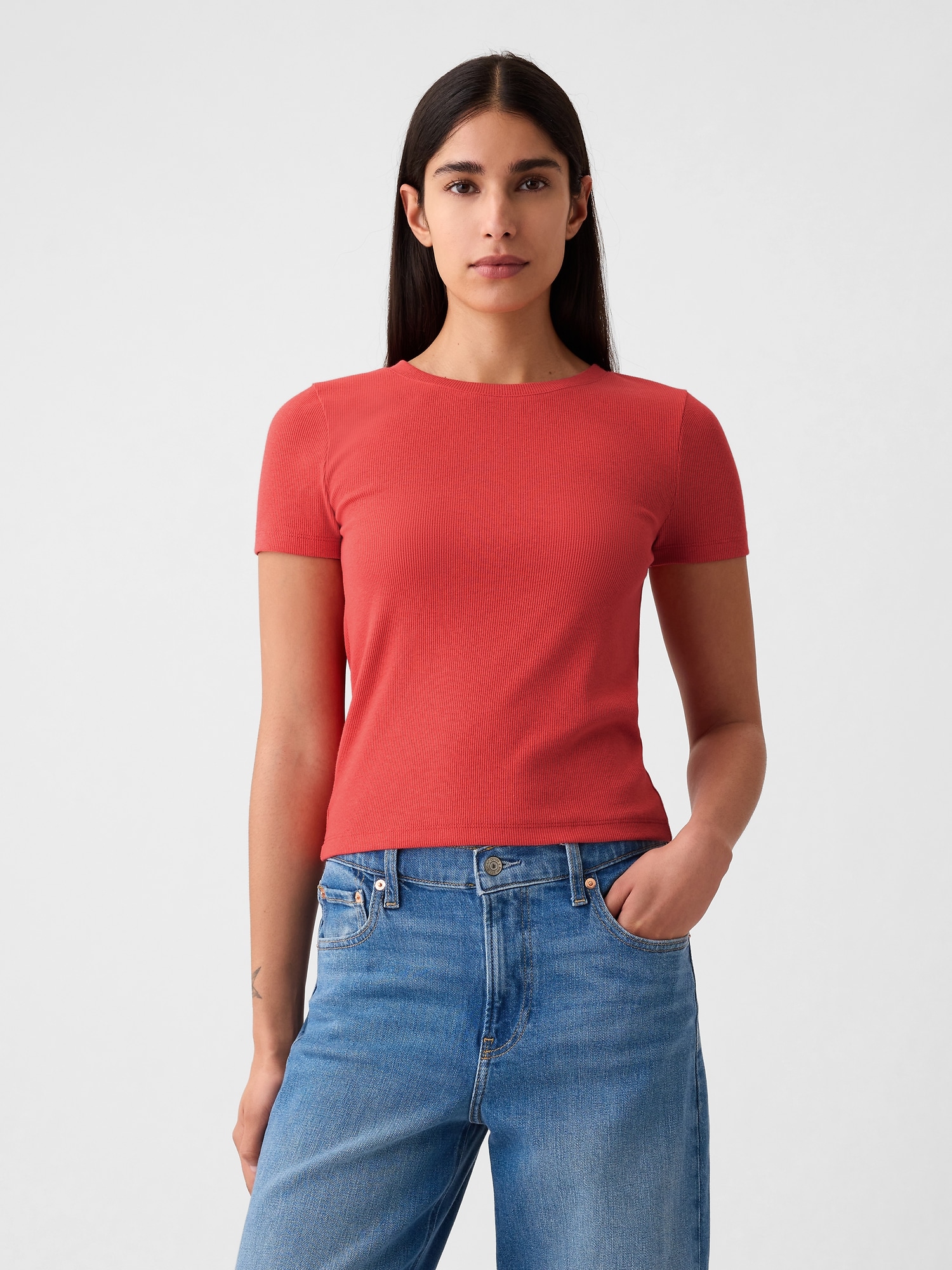 Gap Modern Rib Cropped T-shirt In Spring Coral Pink