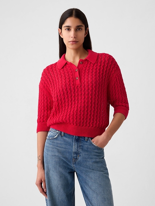 1 of 8 showing, with the color slipper red of product Linen-Cotton Textured Polo Sweater