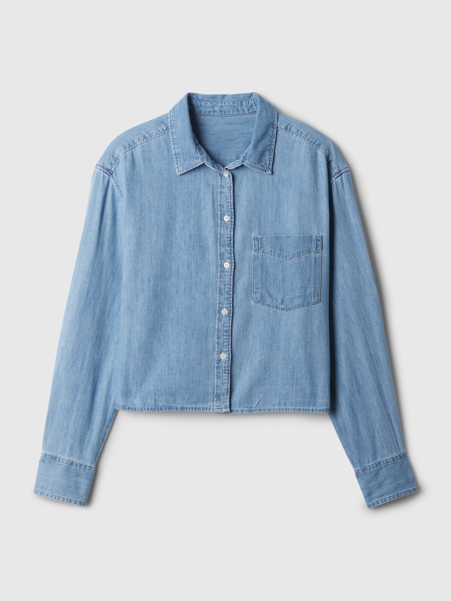 Женская рубашка Gap UltraSoft Denim Oversized Straight-Hem Crop Shirt, цвет: Светлая варка — фото 7
